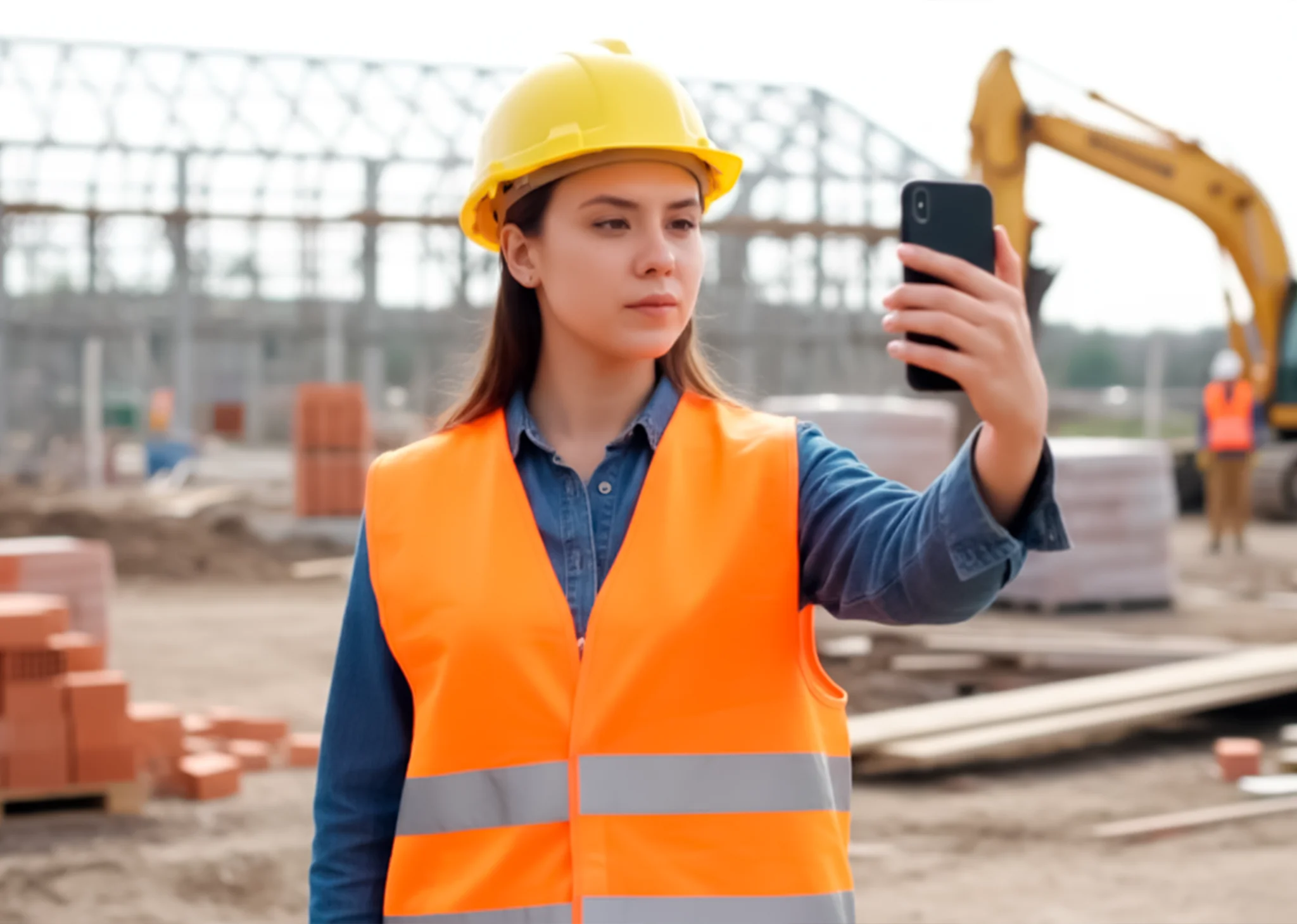 Trabajador marcando asistencia desde su celular en la obra