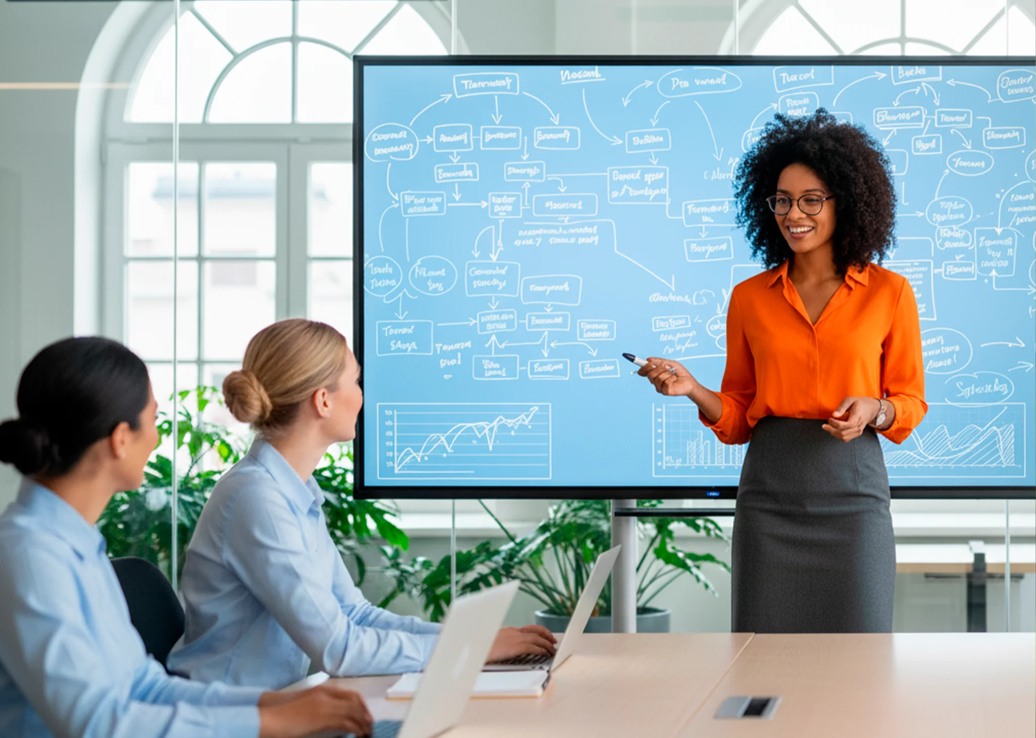 Líder de RRHH guiando a su equipo frente a gráficos de productividad